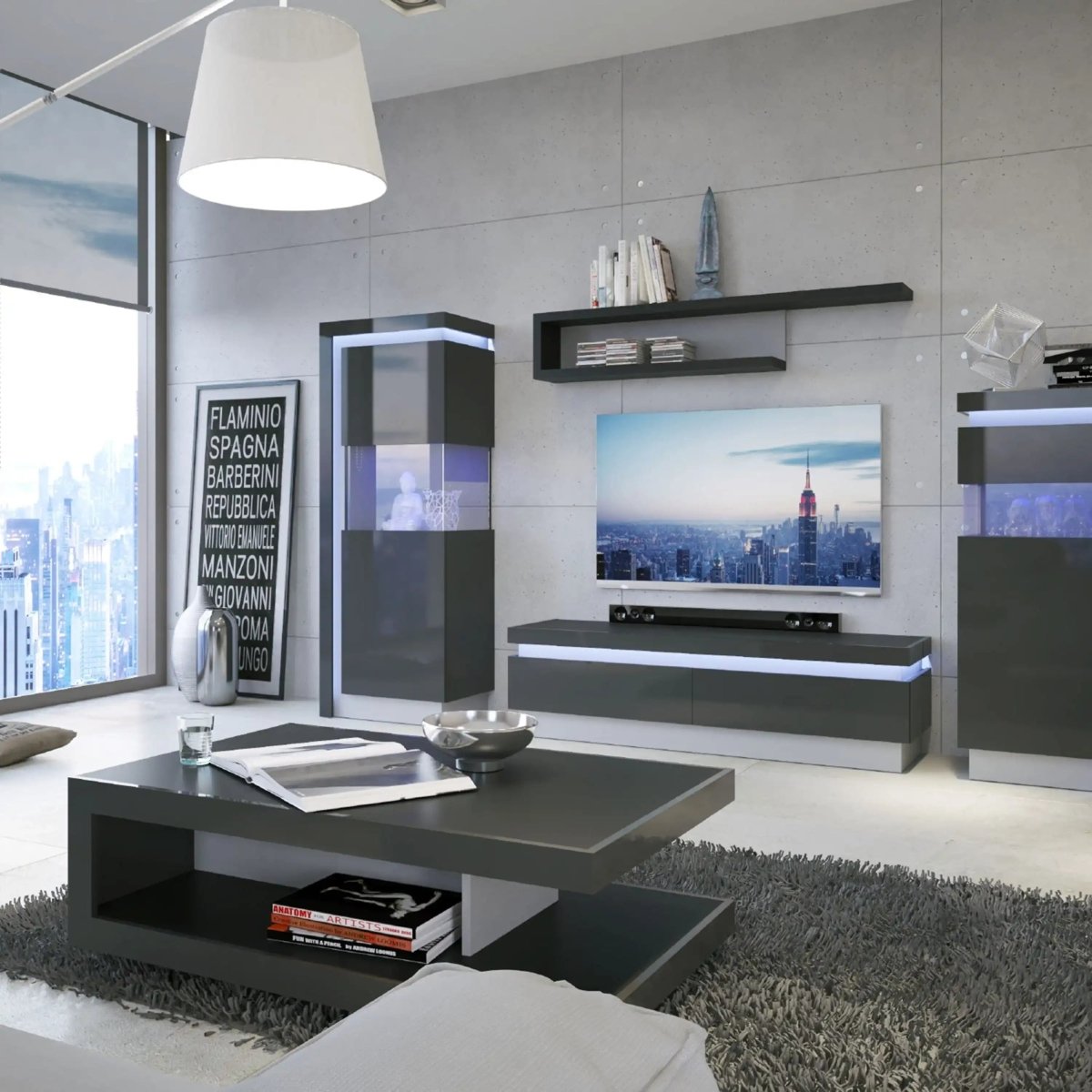 Lyon 2 Door Designer Cabinet (LH) (inc LED Lighting) in Platinum/Light Grey Gloss - Price Crash Furniture