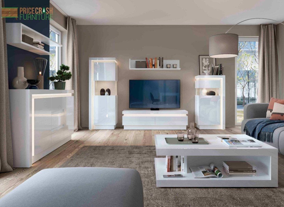 Lyon 2 Drawer TV Cabinet inc LED lighting & High Gloss White - Price Crash Furniture