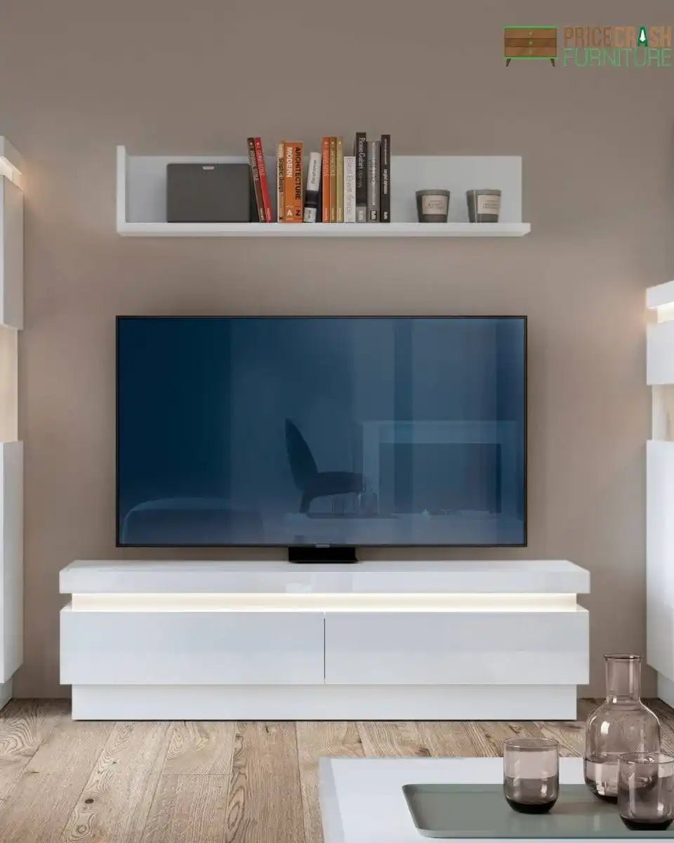 Lyon 2 Drawer TV Cabinet inc LED lighting & High Gloss White - Price Crash Furniture