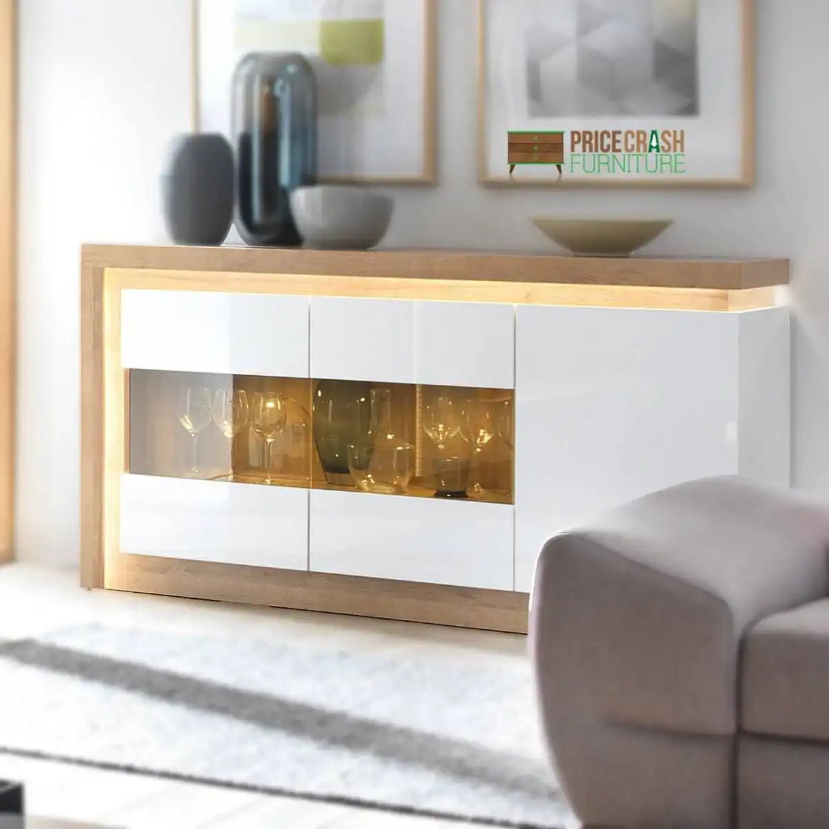 Lyon 3 Door Glazed Sideboard with LED Lighting in Riviera Oak and White Gloss