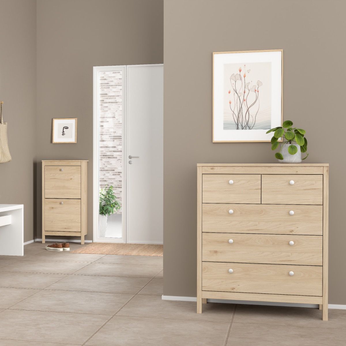 Madrid Bedroom Package 2 Drawer Bedside 5 Drawer Chest 2 Door Wardrobe In Jackson Hickory Oak - Price Crash Furniture