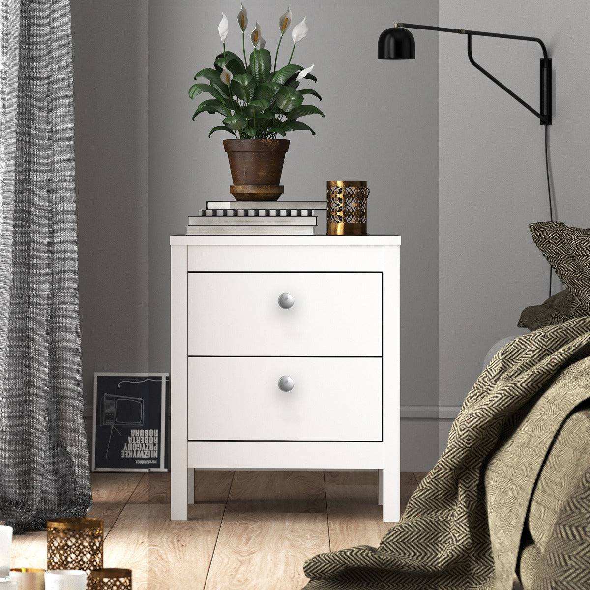 Madrid Bedside Table Cabinet 2 Drawers in White - Price Crash Furniture