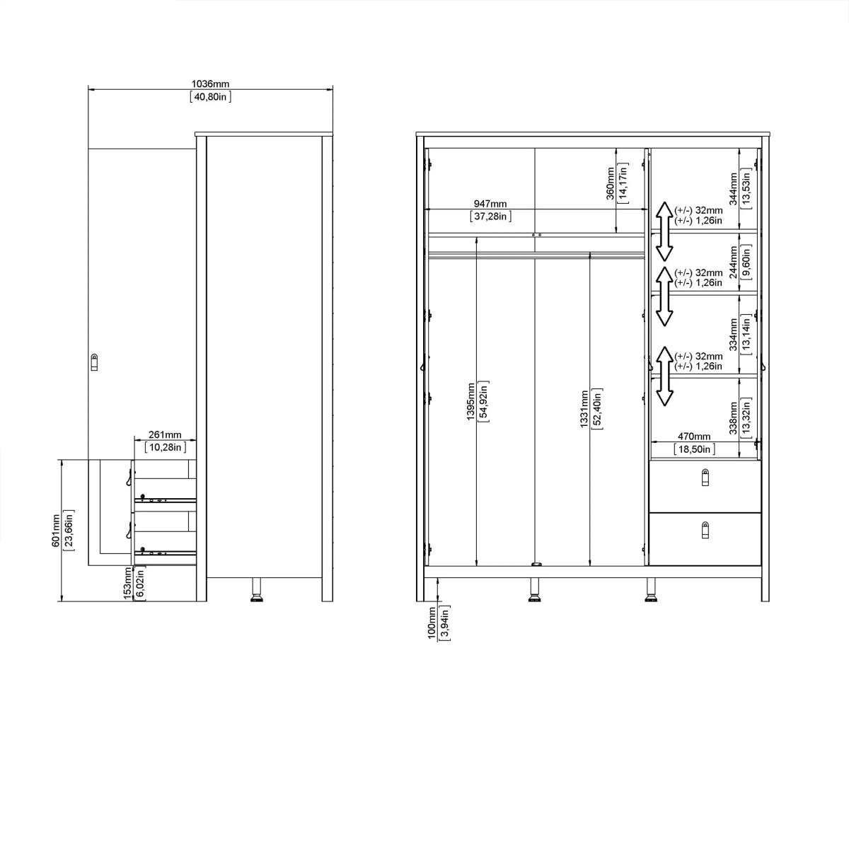 Madrid Extra Large Wardrobe With 2 Doors 1 Mirror Door 2 Drawers Matt Black - Price Crash Furniture