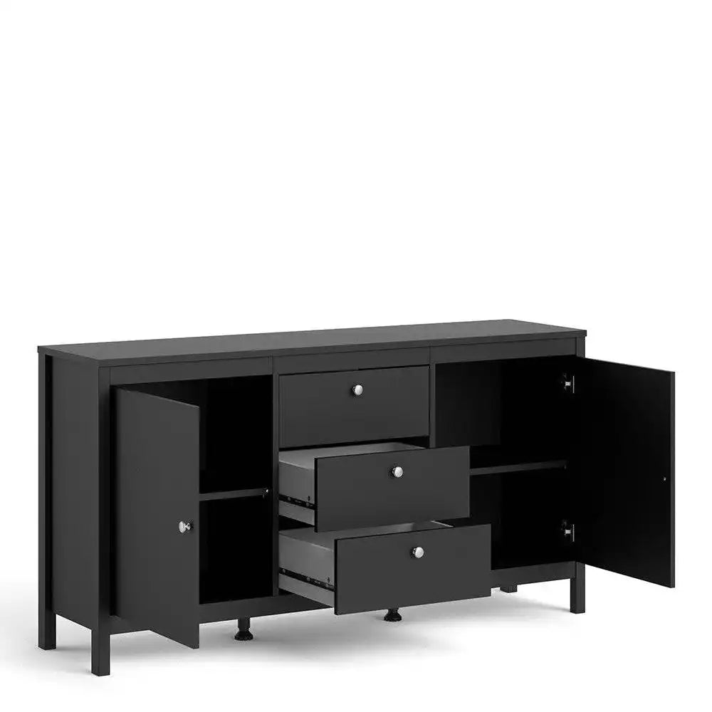 Madrid Large Wide Sideboard Buffet Unit 2 Doors + 3 Drawers in Matt Black - Price Crash Furniture