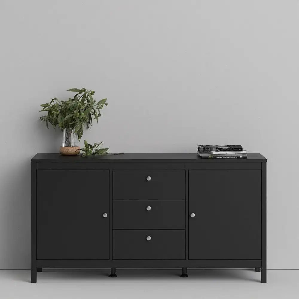 Madrid Large Wide Sideboard Buffet Unit 2 Doors + 3 Drawers in Matt Black - Price Crash Furniture