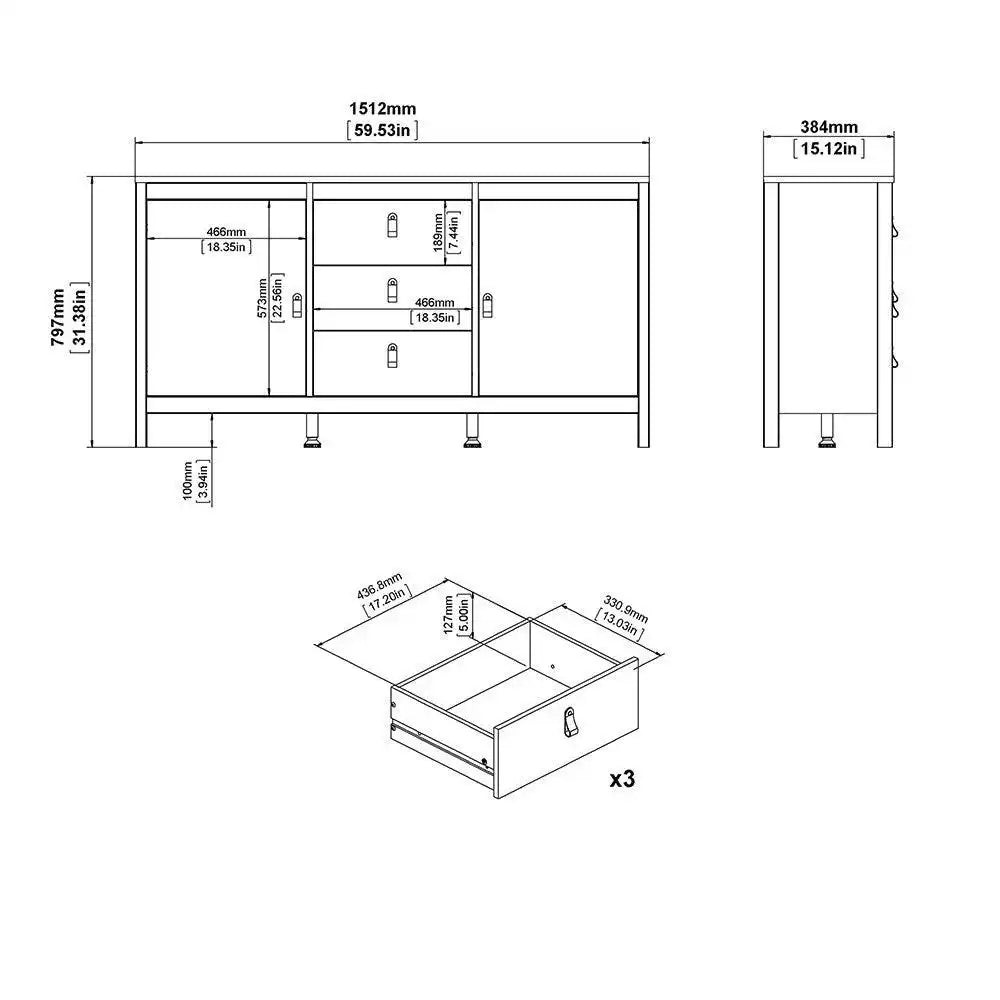 Madrid Large Wide Sideboard Buffet Unit 2 Doors + 3 Drawers in Matt Black - Price Crash Furniture