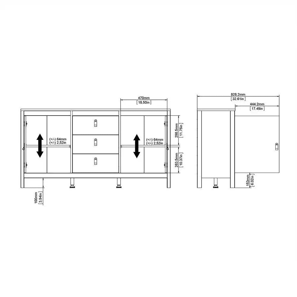 Madrid Large Wide Sideboard Buffet Unit 2 Doors + 3 Drawers in Matt Black - Price Crash Furniture