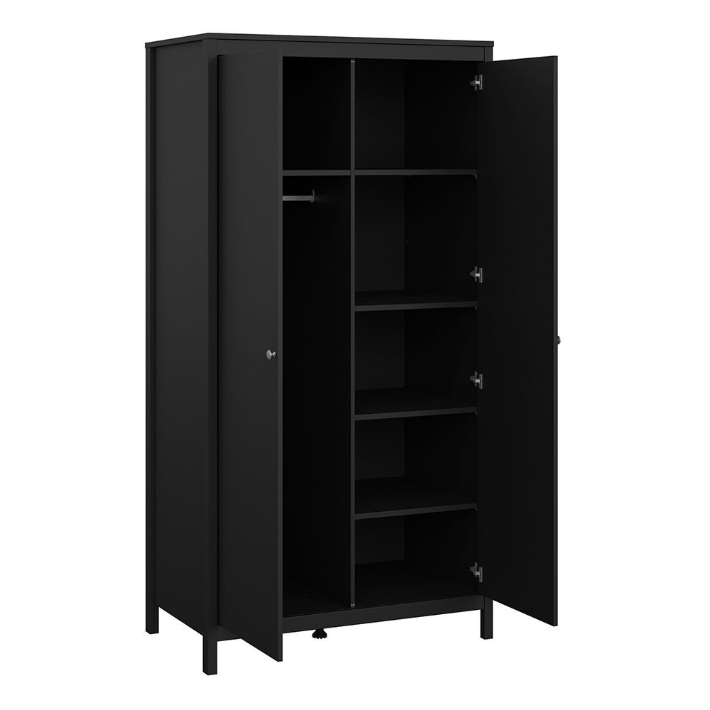 Madrid Package - Bedside Table 2 Drawers + Chest 3+2 Drawers + Wardrobe With 2 Doors In Matt Black - Price Crash Furniture