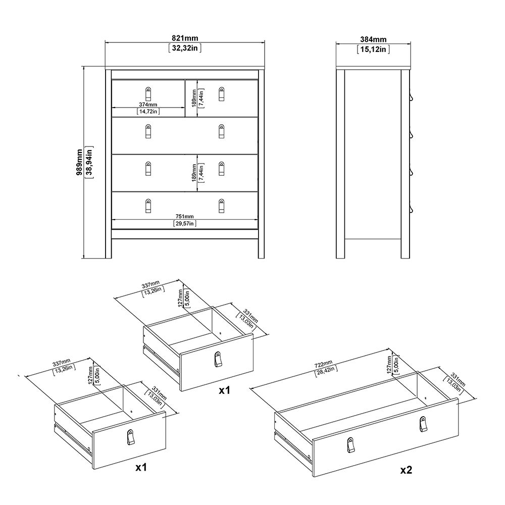 Madrid Package - Bedside Table 2 Drawers + Chest 3+2 Drawers + Wardrobe With 2 Doors In Matt Black - Price Crash Furniture