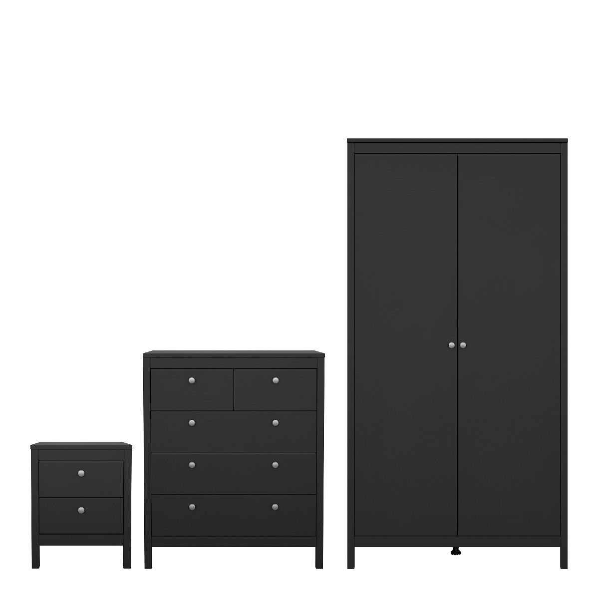 Madrid Package - Bedside Table 2 Drawers + Chest 3+2 Drawers + Wardrobe With 2 Doors In Matt Black - Price Crash Furniture
