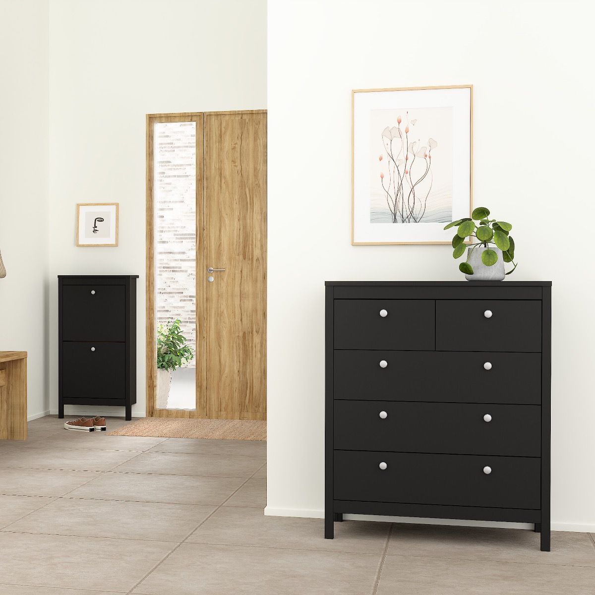 Madrid Package - Bedside Table 2 Drawers + Chest 3+2 Drawers + Wardrobe With 2 Doors In Matt Black - Price Crash Furniture