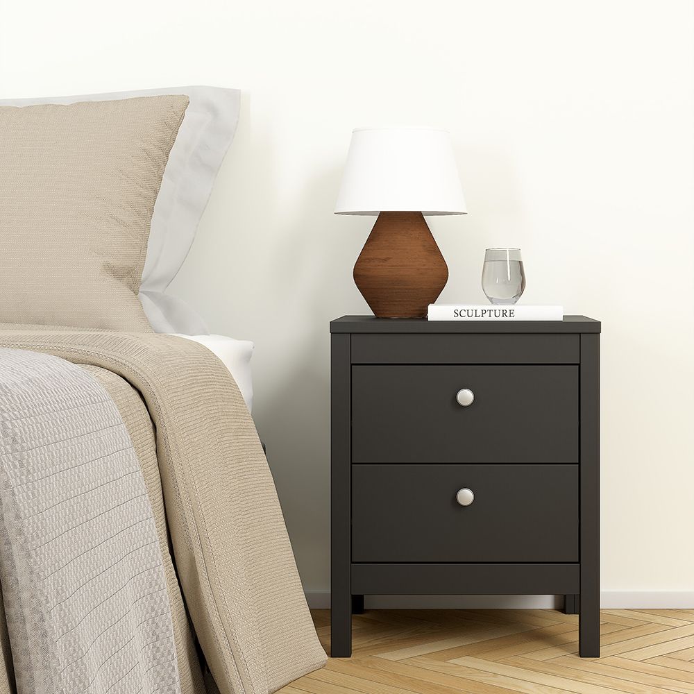 Madrid Package - Bedside Table 2 Drawers + Chest 3+2 Drawers + Wardrobe With 2 Doors In Matt Black - Price Crash Furniture