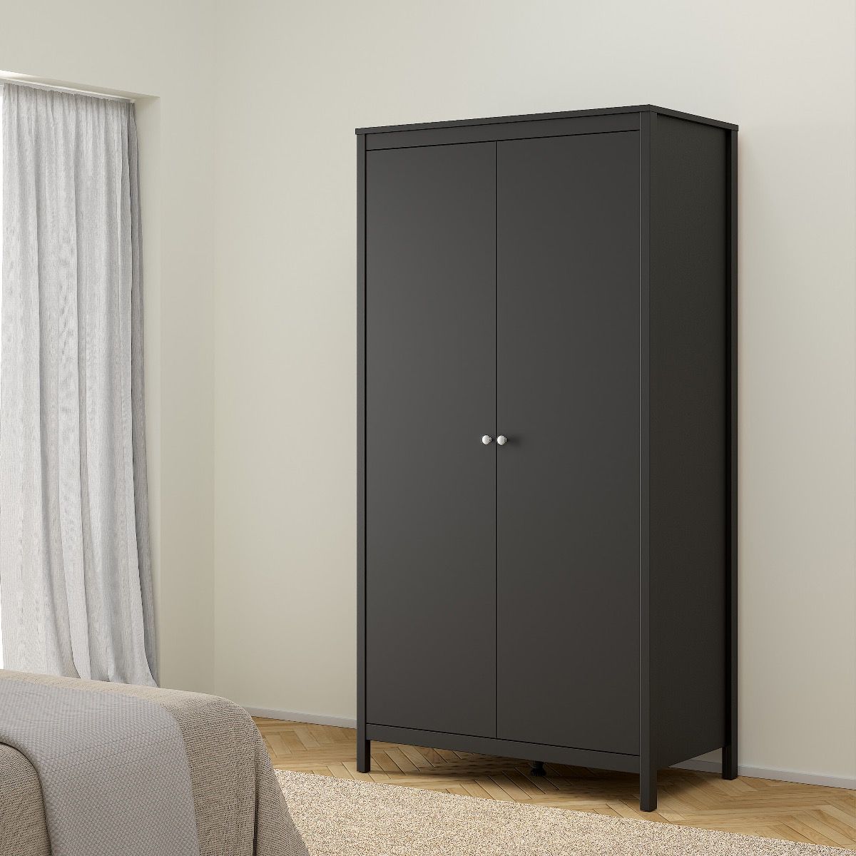 Madrid Package - Bedside Table 2 Drawers + Chest 3+2 Drawers + Wardrobe With 2 Doors In Matt Black - Price Crash Furniture