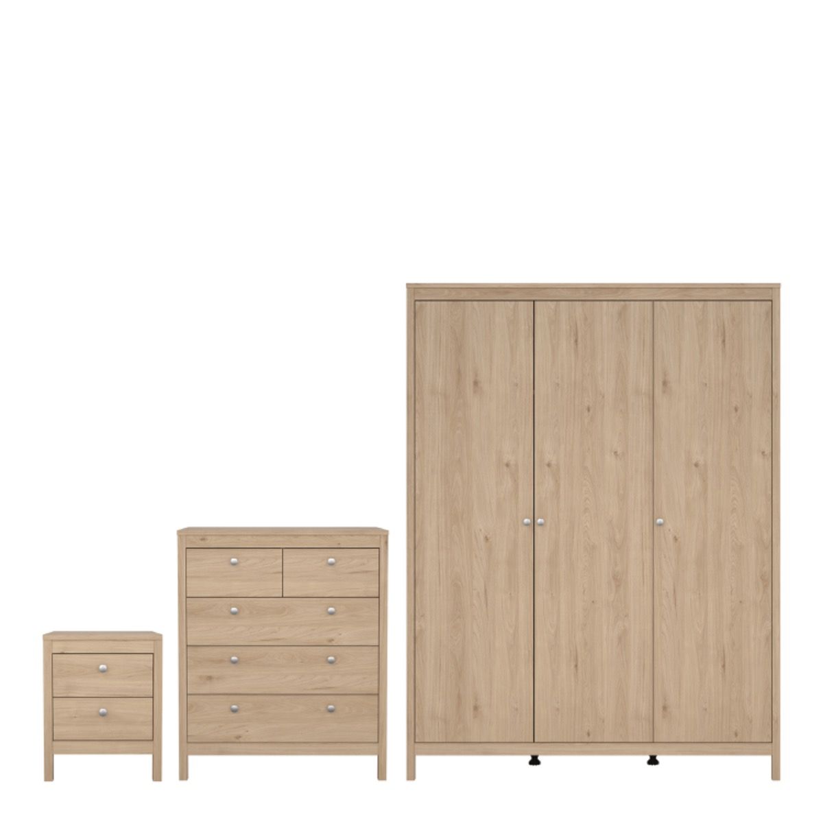 Madrid Package - Bedside Table 2 Drawers + Chest 5 Drawers + 3 Door Wardrobe In Jackson Hickory Oak - Price Crash Furniture