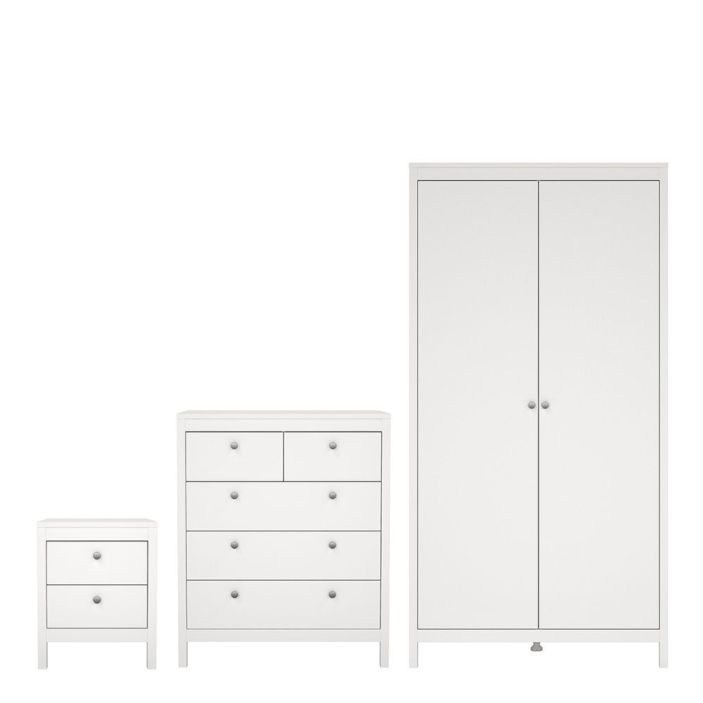 Madrid Package - Bedside Table 2 Drawers + Chest 5 Drawers + Wardrobe With 2 Doors In White - Price Crash Furniture