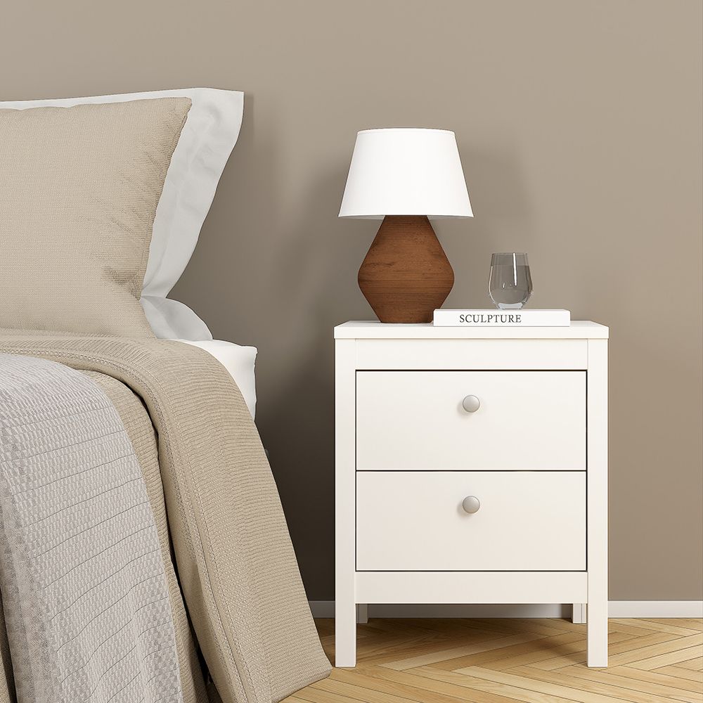 Madrid Package - Bedside Table 2 Drawers + Chest 5 Drawers + Wardrobe With 2 Doors In White - Price Crash Furniture