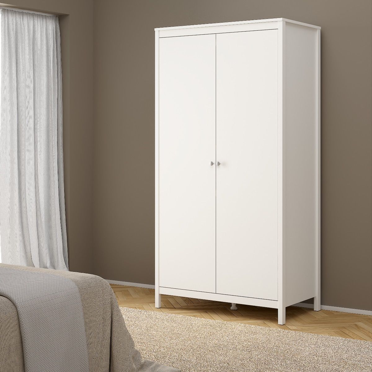 Madrid Package - Bedside Table 2 Drawers + Chest 5 Drawers + Wardrobe With 2 Doors In White - Price Crash Furniture