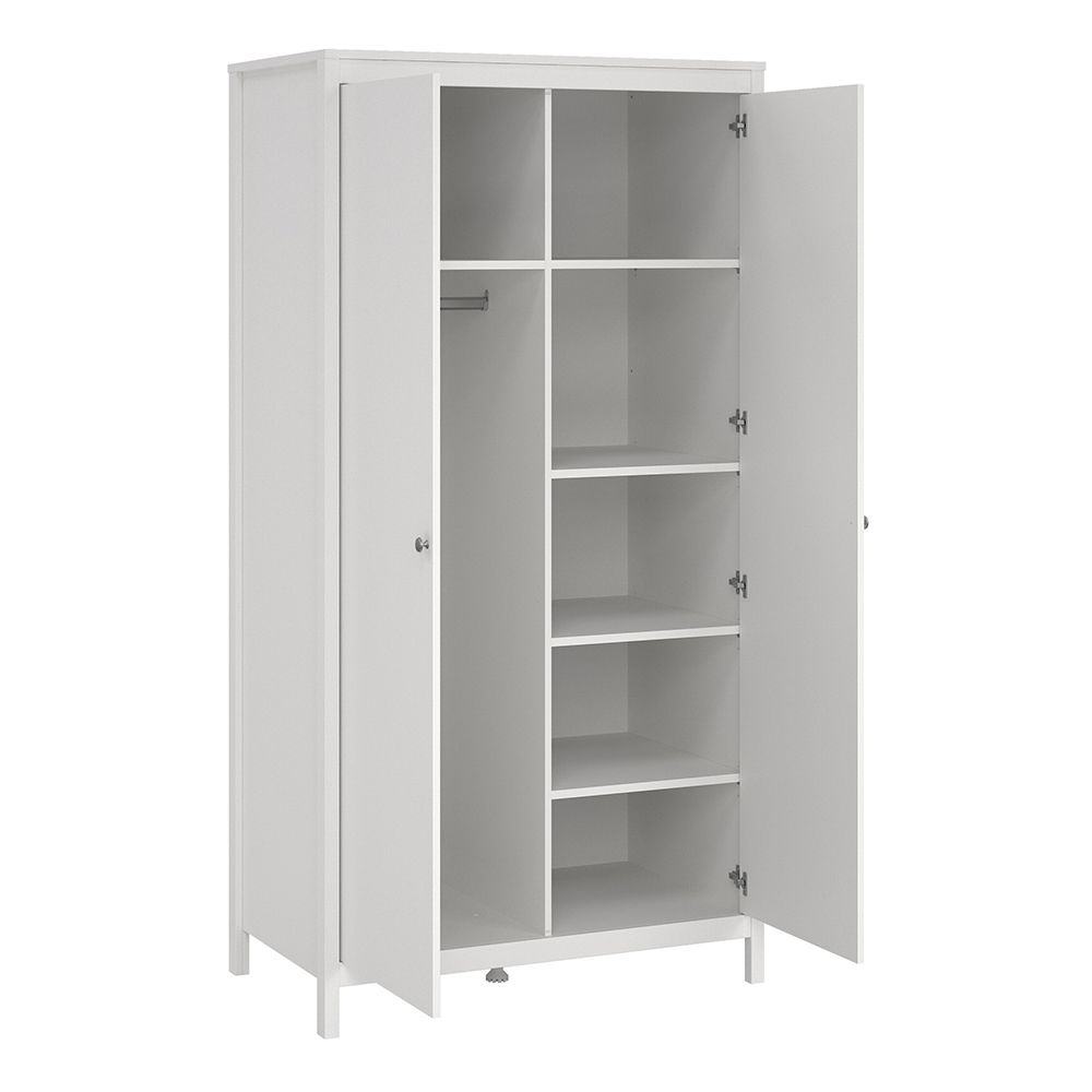 Madrid Package - Bedside Table 2 Drawers + Chest 5 Drawers + Wardrobe With 2 Doors In White - Price Crash Furniture