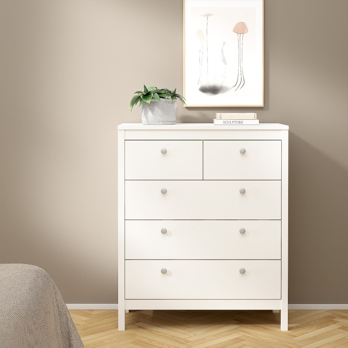 Madrid Package - Bedside Table 2 Drawers + Chest 5 Drawers + Wardrobe With 2 Doors In White - Price Crash Furniture