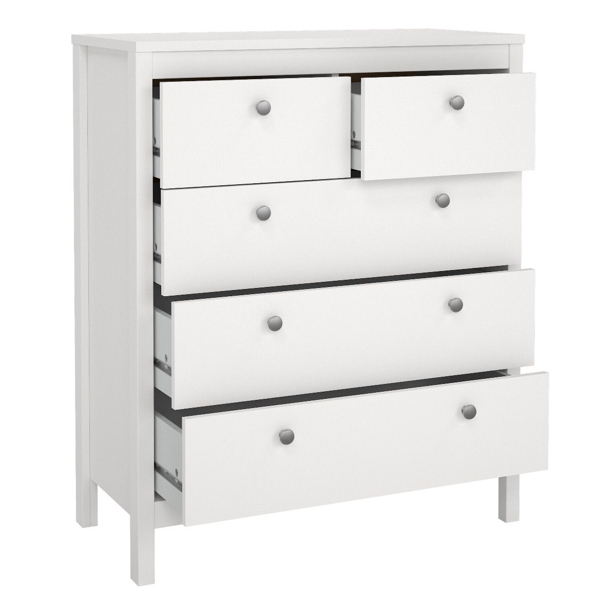 Madrid Package - Bedside Table 2 Drawers + Chest 5 Drawers + Wardrobe With 2 Doors In White - Price Crash Furniture