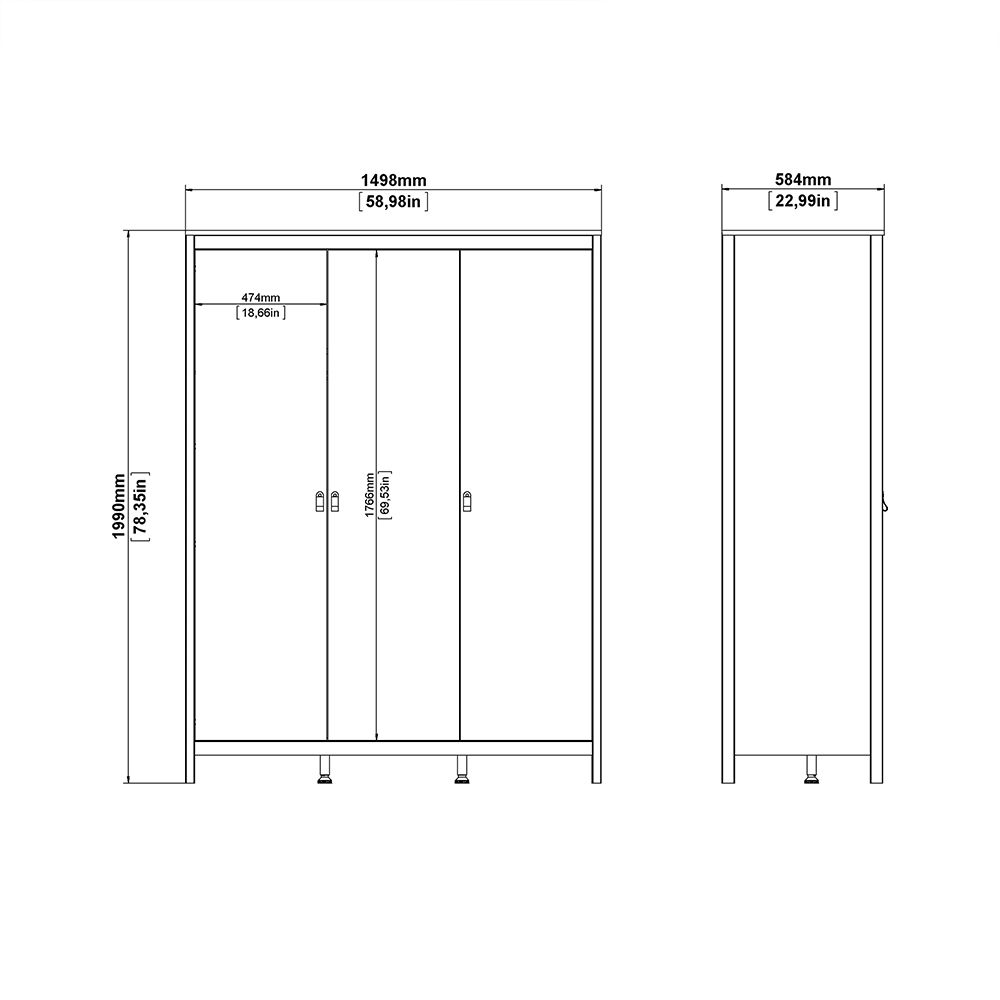 Madrid Package - Bedside Table 2 Drawers + Chest 5 Drawers + Wardrobe With 3 Doors In Matt Black - Price Crash Furniture