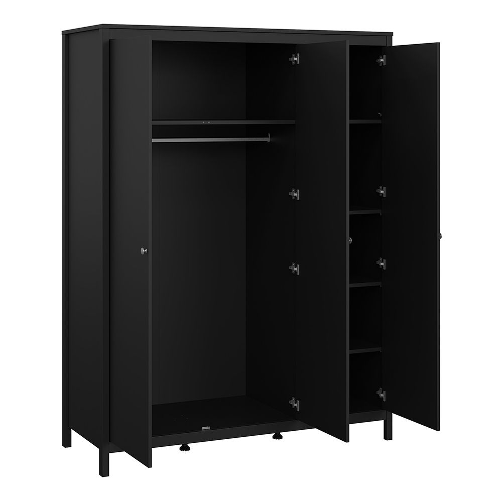 Madrid Package - Bedside Table 2 Drawers + Chest 5 Drawers + Wardrobe With 3 Doors In Matt Black - Price Crash Furniture