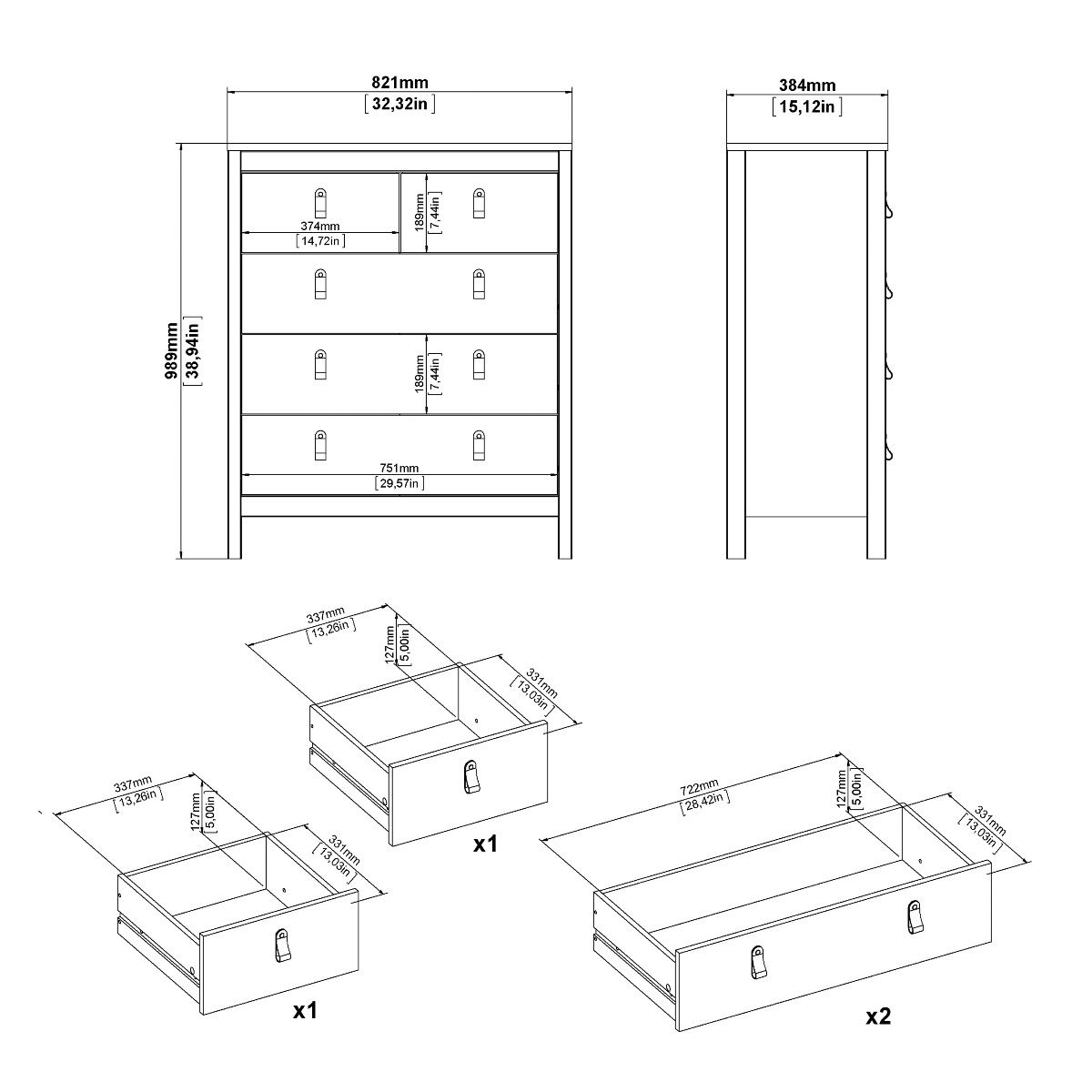 Madrid Package - Bedside Table 2 Drawers + Chest 5 Drawers + Wardrobe With 3 Doors In Matt Black - Price Crash Furniture