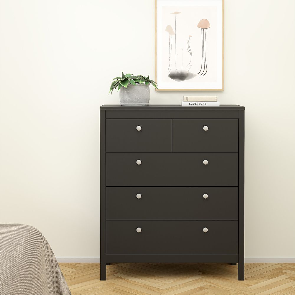 Madrid Package - Bedside Table 2 Drawers + Chest 5 Drawers + Wardrobe With 3 Doors In Matt Black - Price Crash Furniture