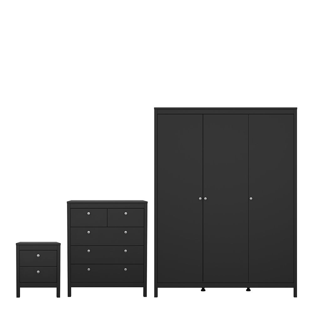 Madrid Package - Bedside Table 2 Drawers + Chest 5 Drawers + Wardrobe With 3 Doors In Matt Black - Price Crash Furniture