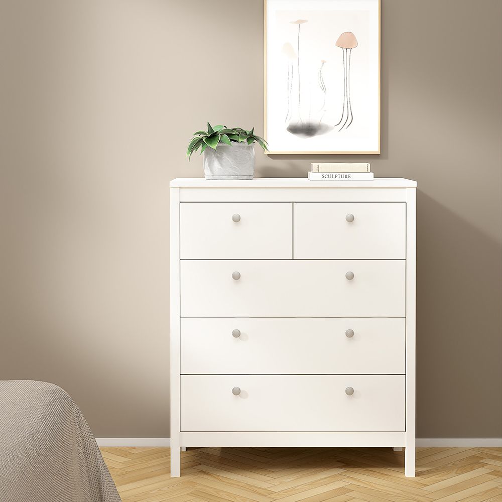 Madrid Package - Bedside Table 2 Drawers + Chest 5 Drawers + Wardrobe With 3 Doors In White - Price Crash Furniture