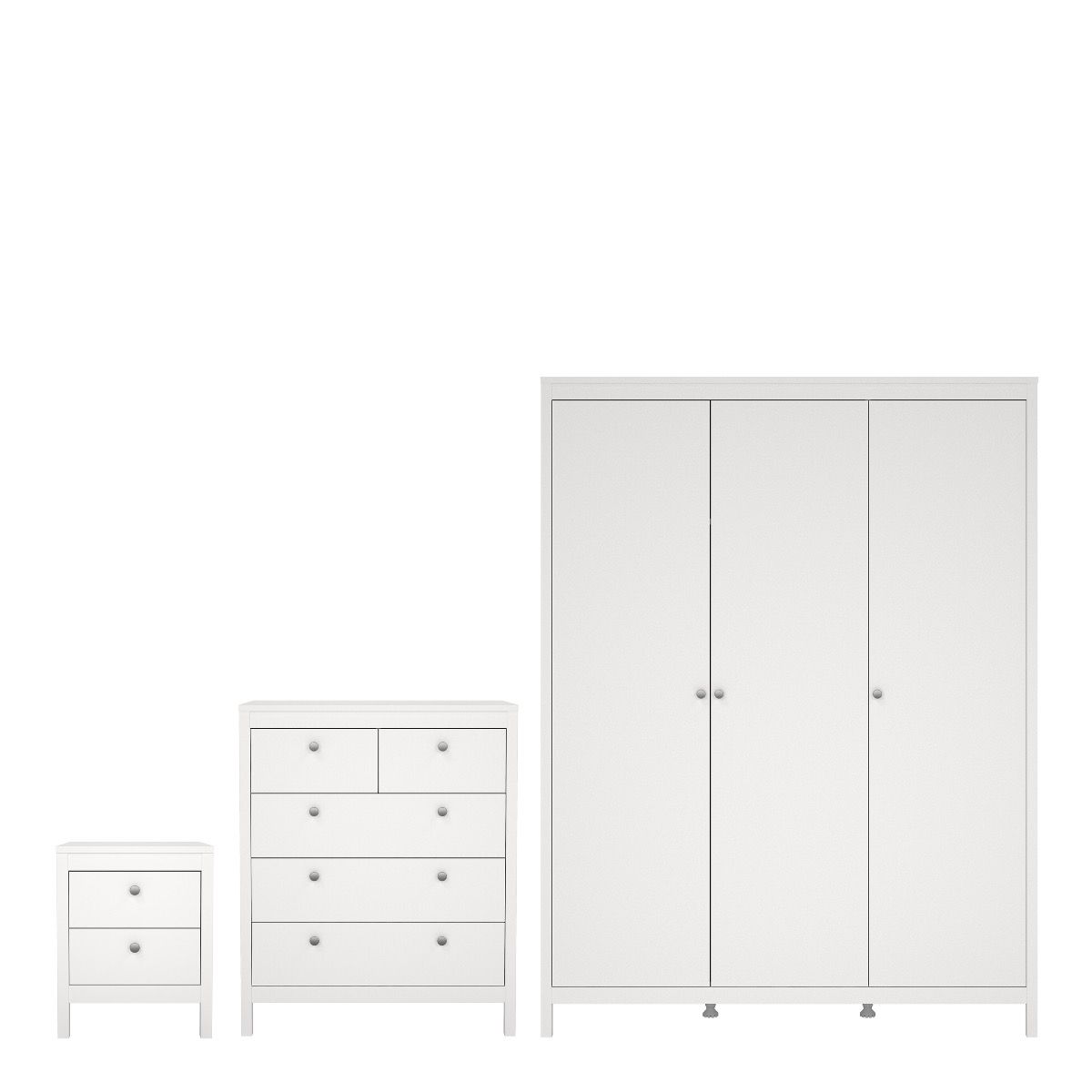 Madrid Package - Bedside Table 2 Drawers + Chest 5 Drawers + Wardrobe With 3 Doors In White - Price Crash Furniture