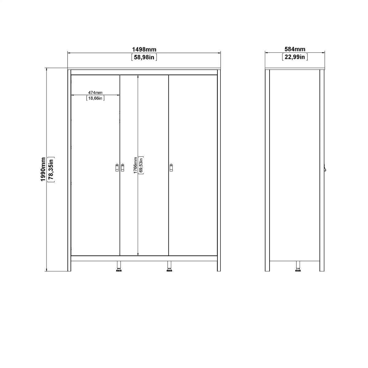 Madrid Package - Bedside Table 2 Drawers + Chest 5 Drawers + Wardrobe With 3 Doors In White - Price Crash Furniture