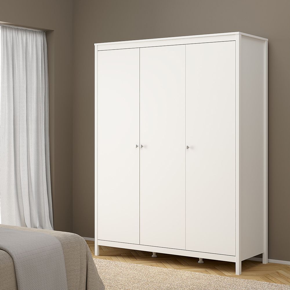 Madrid Package - Bedside Table 2 Drawers + Chest 5 Drawers + Wardrobe With 3 Doors In White - Price Crash Furniture