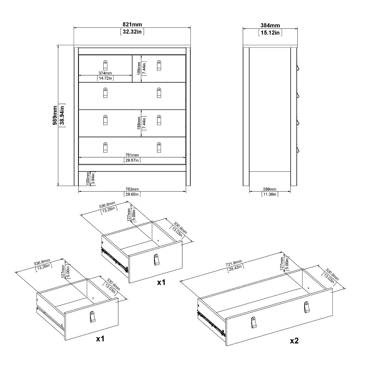 Madrid Package - Bedside Table 2 Drawers + Chest 5 Drawers + Wardrobe With 3 Doors In White - Price Crash Furniture