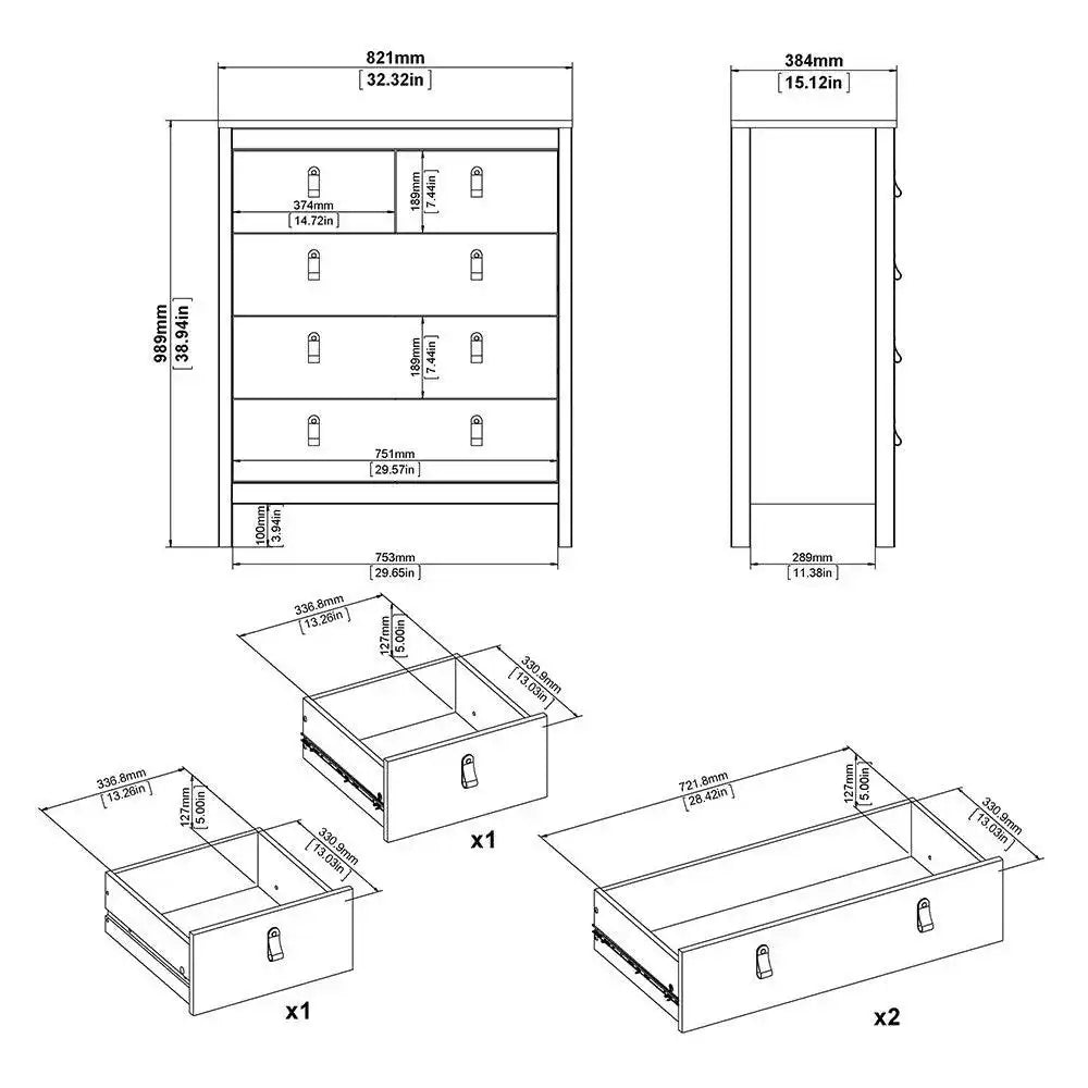 Madrid Shaker Style (3+2) 5 Drawer Chest of Drawers Unit in Matt Black - Price Crash Furniture