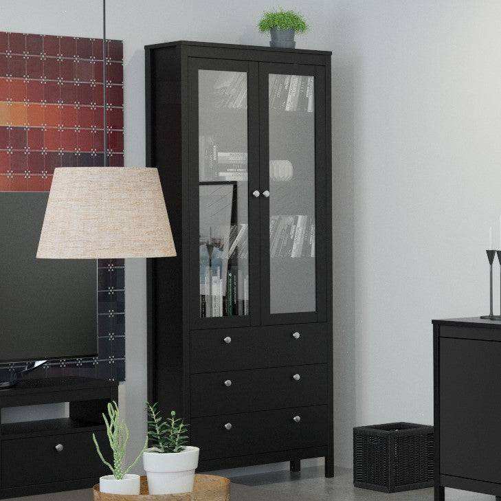 Madrid Glazed Display Unit China Cabinet 2 Doors 3 Drawers in Black - Price Crash Furniture