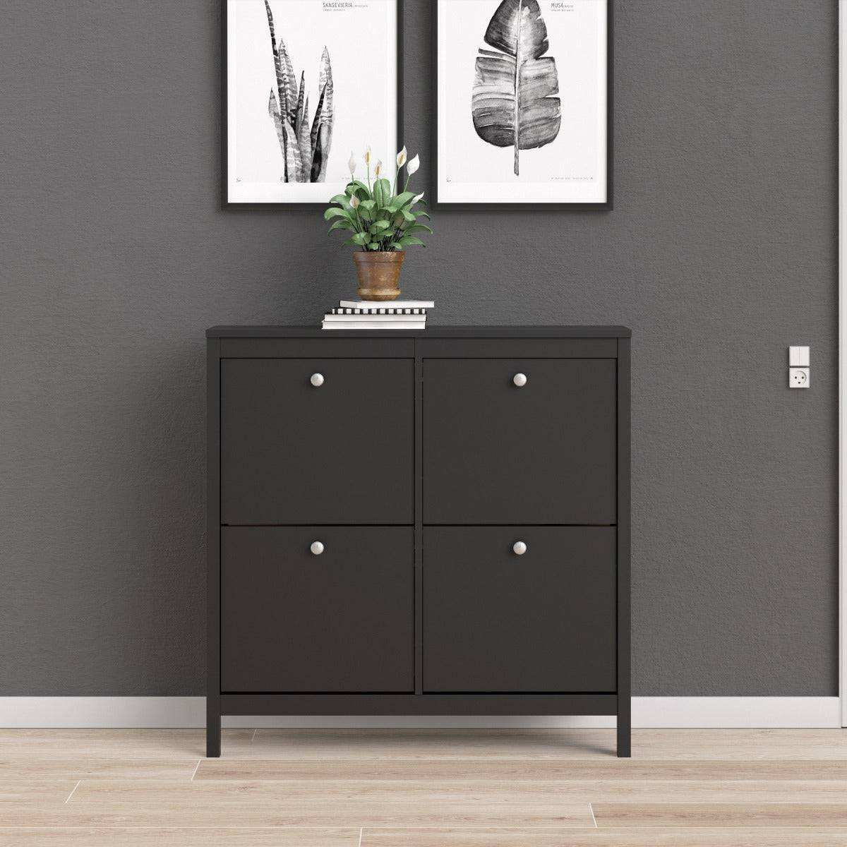 Madrid Shoe Cabinet Cupboard with 4 Storage Compartments in Matt Black - Price Crash Furniture