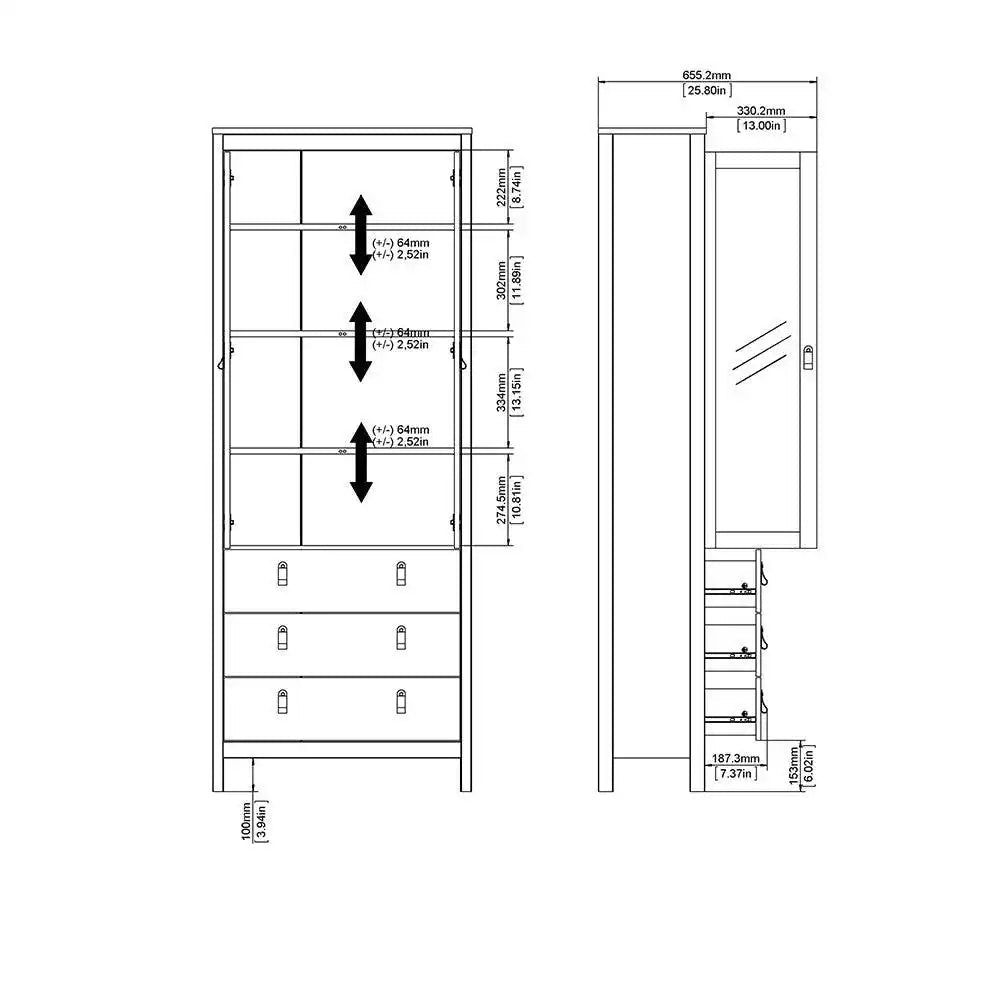 Madrid Glazed Display Unit China Cabinet 2 Doors 3 Drawers in Black - Price Crash Furniture
