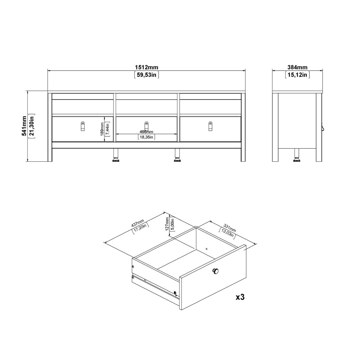 Madrid TV Cabinet with 3 Drawers In Jackson Hickory Oak - Price Crash Furniture