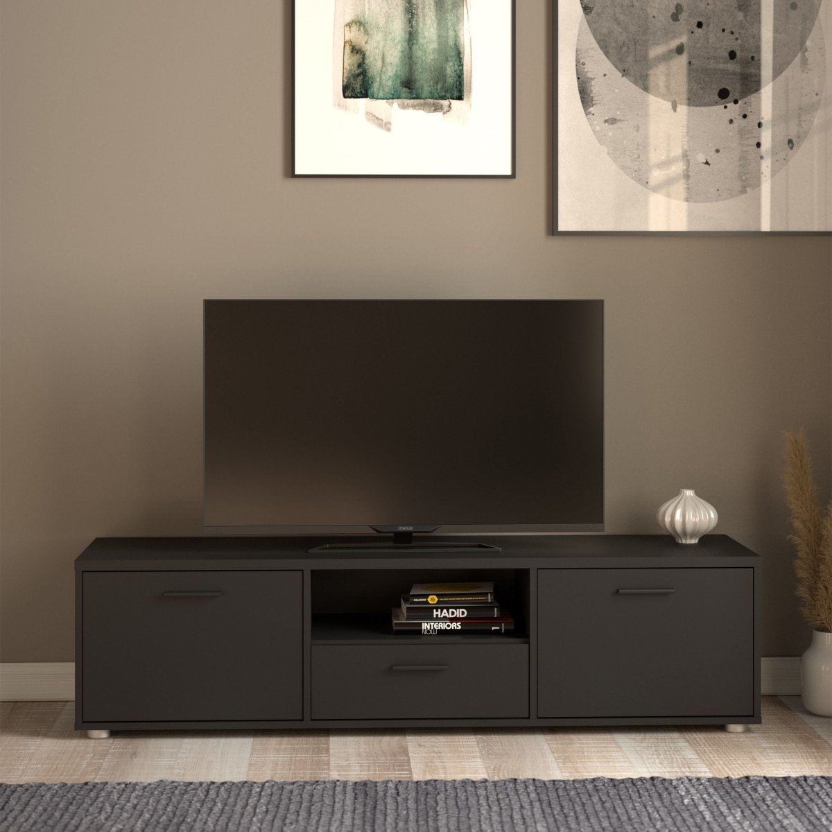 Media TV Cabinet with 2 Doors And 1 Drawer In Black - Price Crash Furniture