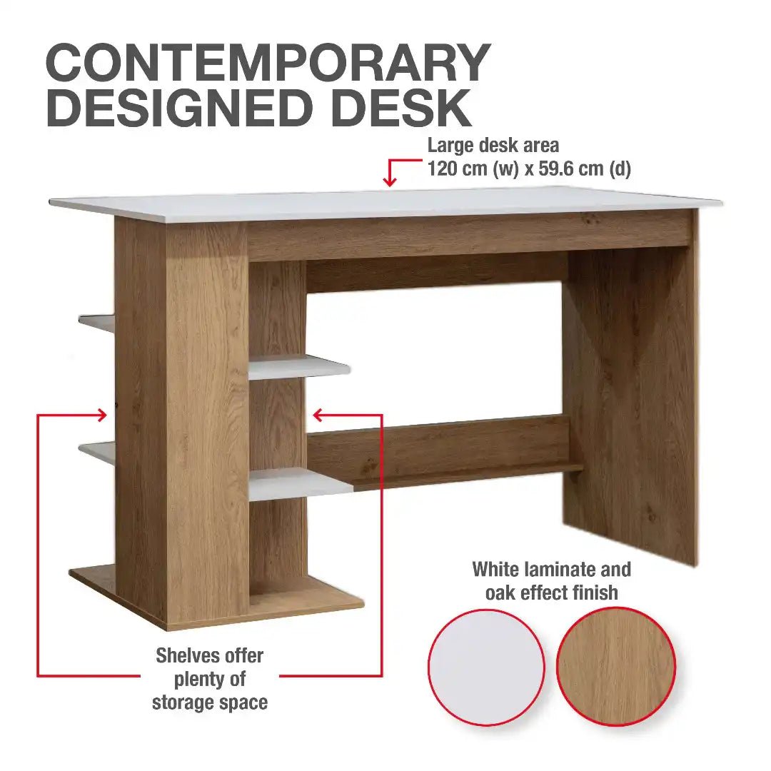 Milan Office / Computer Desk in White and Light Oak - Price Crash Furniture