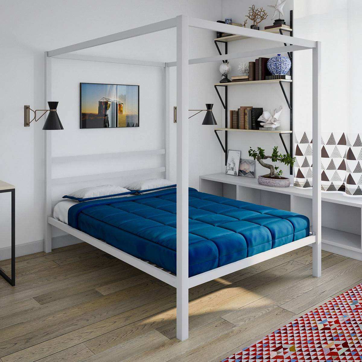 Modern Metal Canopy Four Post Double Bed in White by Dorel - Price Crash Furniture