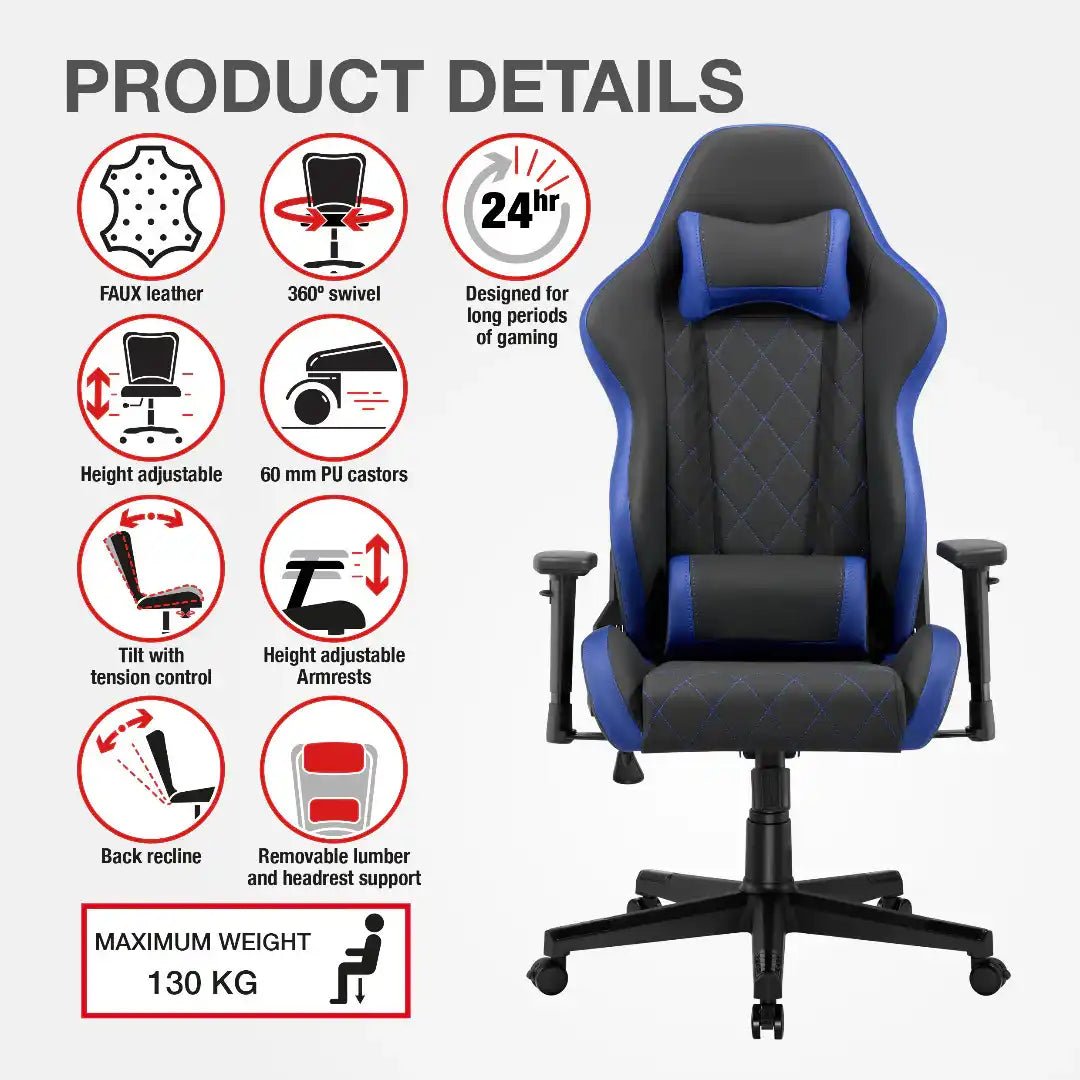 Monaco Ergonomic Gaming Chair - Black and Blue - Price Crash Furniture