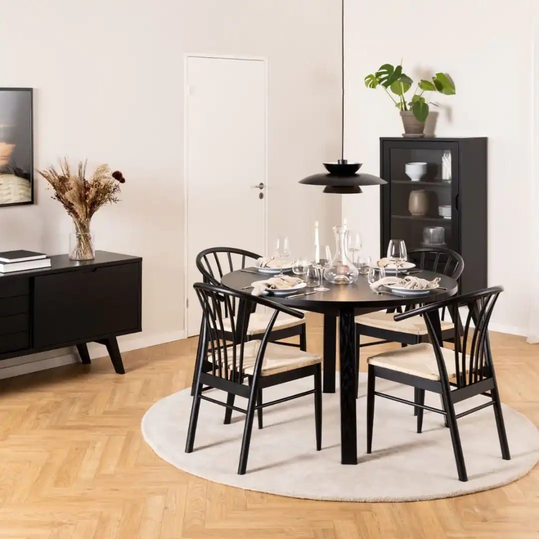 Montreux Round Extending Dining Table in Black 115 - 154 cm includes 4 Cassandra Dining Chair includes Armrest in Black - Price Crash Furniture