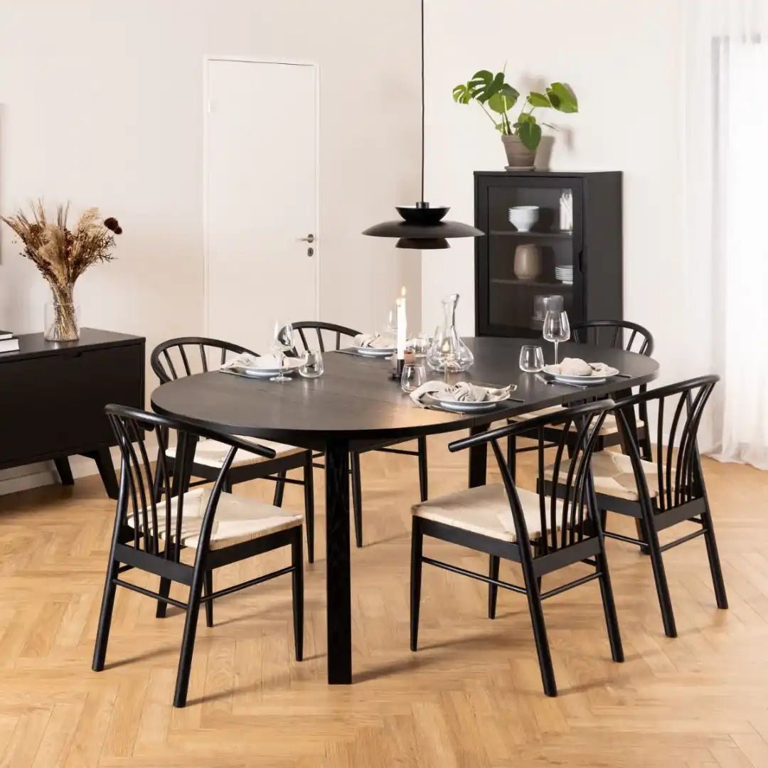 Montreux Round Extending Dining Table in Black 115 - 154 cm includes 6 Cassandra Dining Chair includes Armrest in Black - Price Crash Furniture
