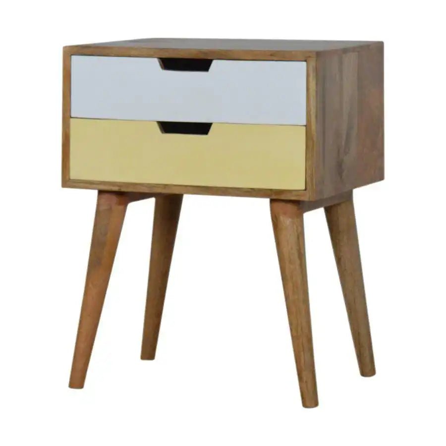Mustard yellow & White 2 Drawer Bedside Table in Oak - effect Mango Wood - Price Crash Furniture