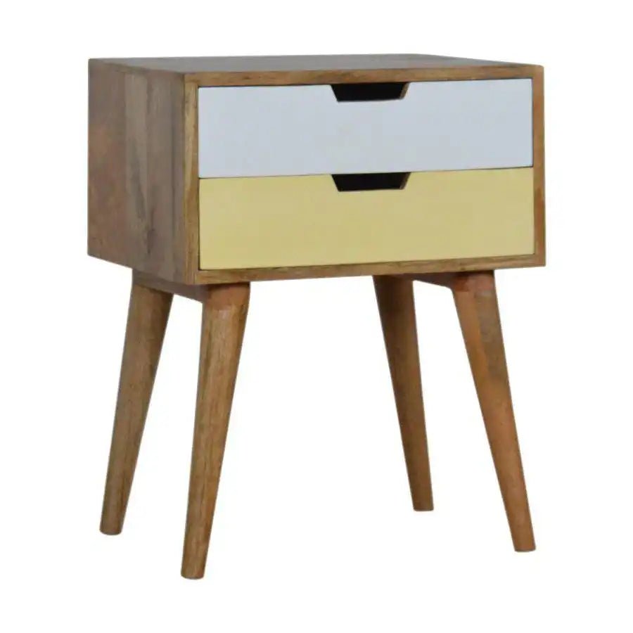 Mustard yellow & White 2 Drawer Bedside Table in Oak - effect Mango Wood - Price Crash Furniture