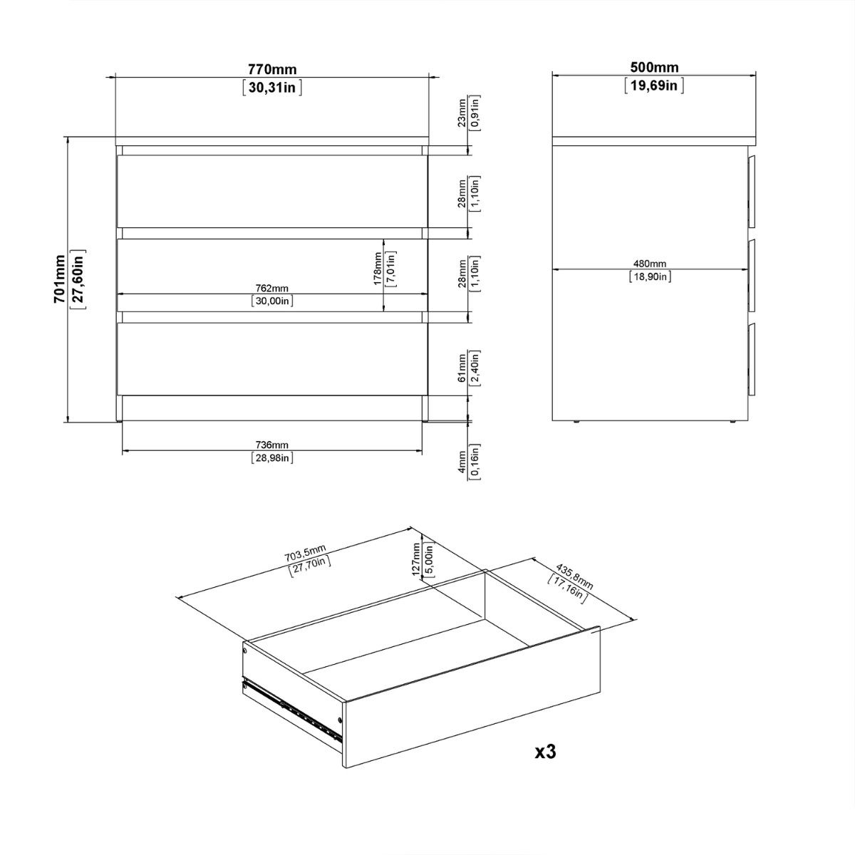 Naia 3 Drawer Chest Of Drawers In Cashmere - Price Crash Furniture