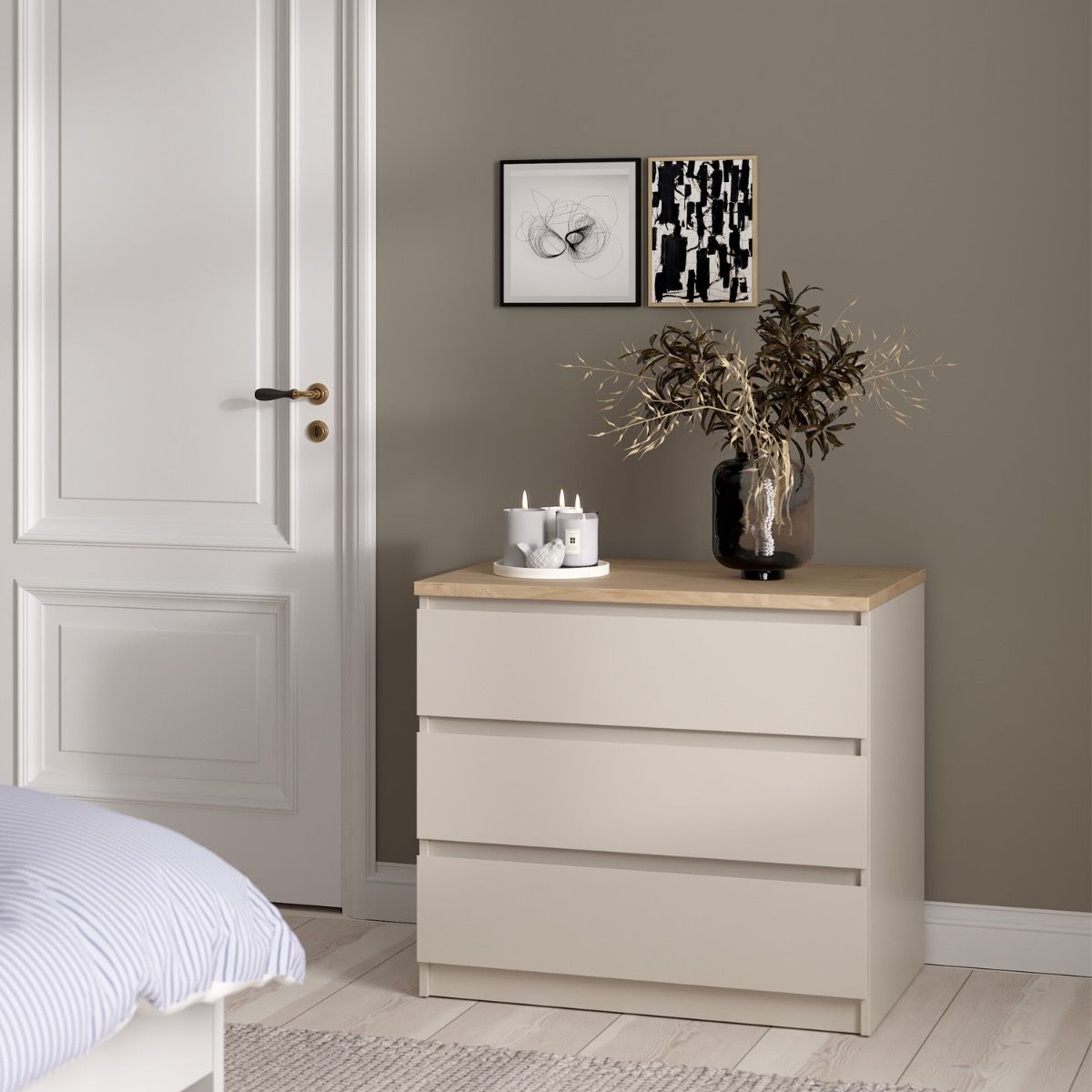Naia 3 Drawer Chest Of Drawers In Cashmere & Jackson Hickory Oak - Price Crash Furniture