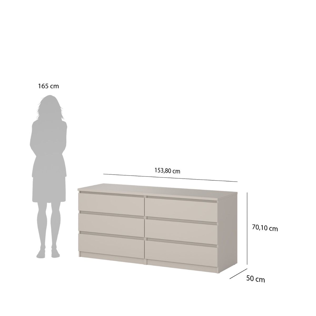 Naia 3+3 Large Wide 6 Drawer Chest Of Drawers In Cashmere - Price Crash Furniture